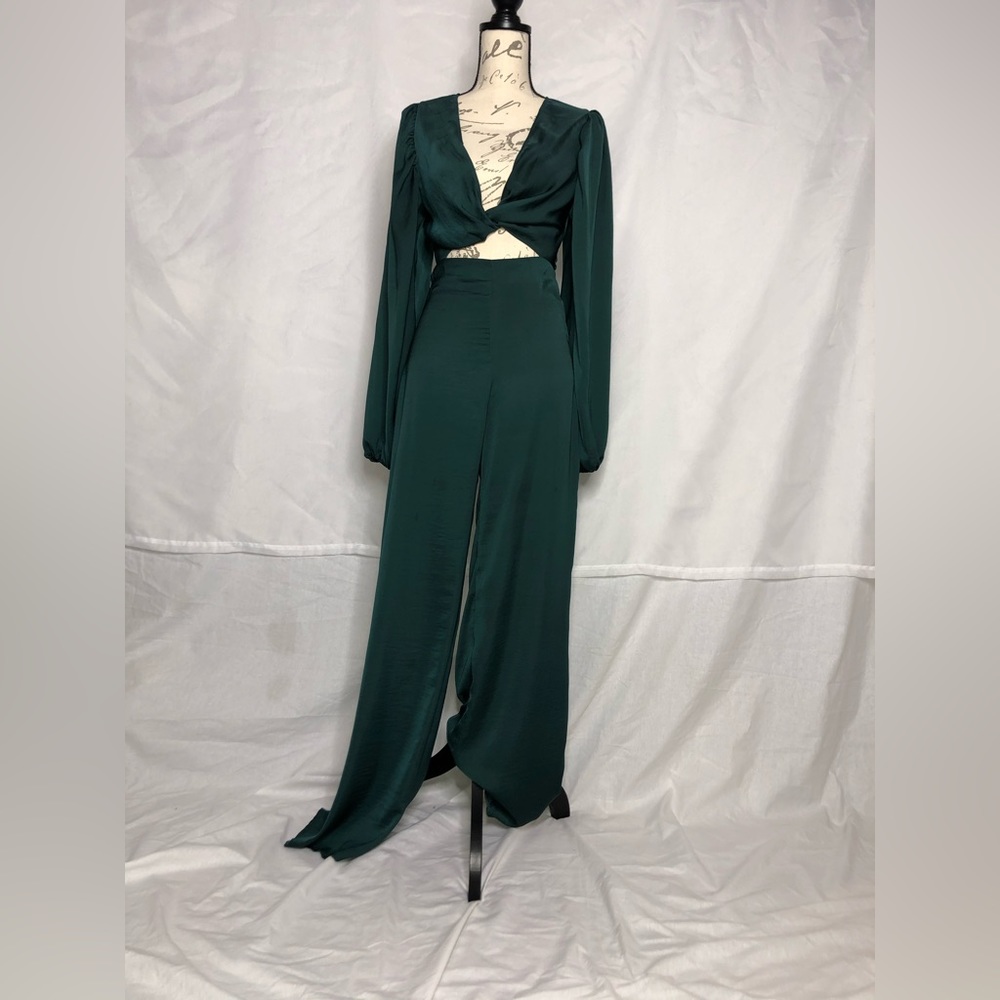Missguided Green Satin Knot Front Wide Leg Jumpsuit